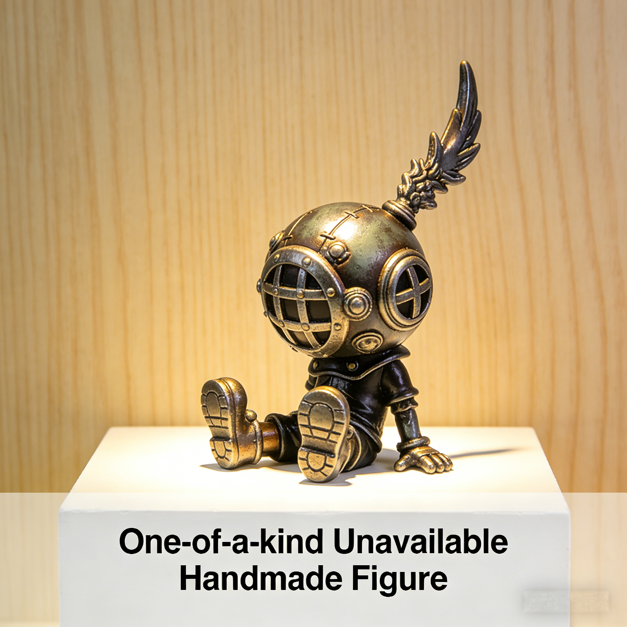AetherDiver Steampunk Sprite Art Toy | Handmade Antique Brass Diving Helmet Figurine with Feathered Antenna Accent (One-of-a-Kind Unavailable Prototype Edition)