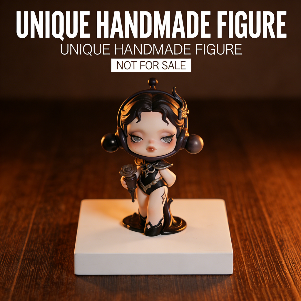 NoirRose Gothic Chibi Art Toy | Handmade Monochrome Gothic Figurine with Rose Scepter (Unique Non-Sale Prototype Edition)