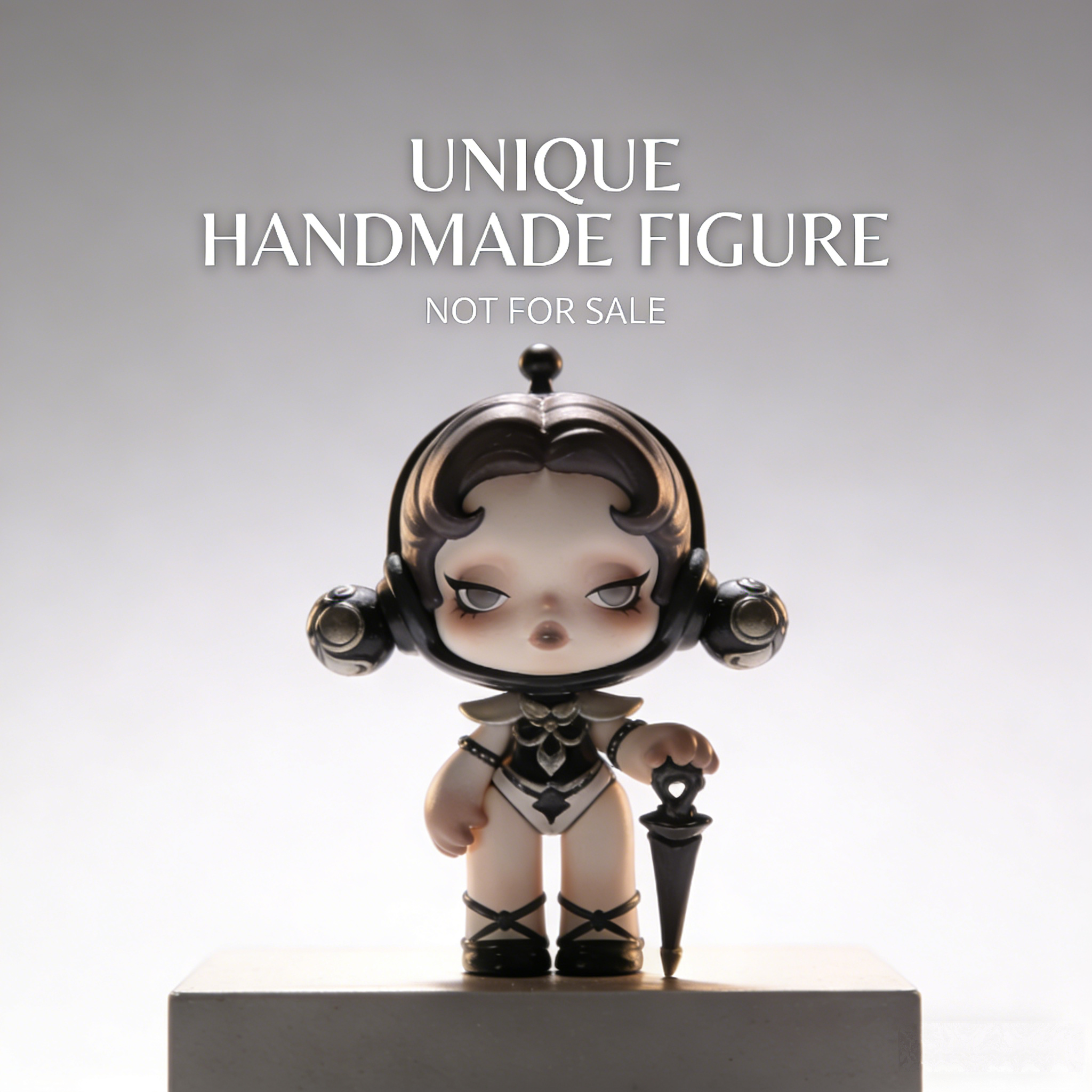 NoirUmbrella Celestial Doll Art Toy | Handmade Monochrome Retro-Futuristic Figurine with Mini Parasol Accessory (Non-Sale Prototype Edition)