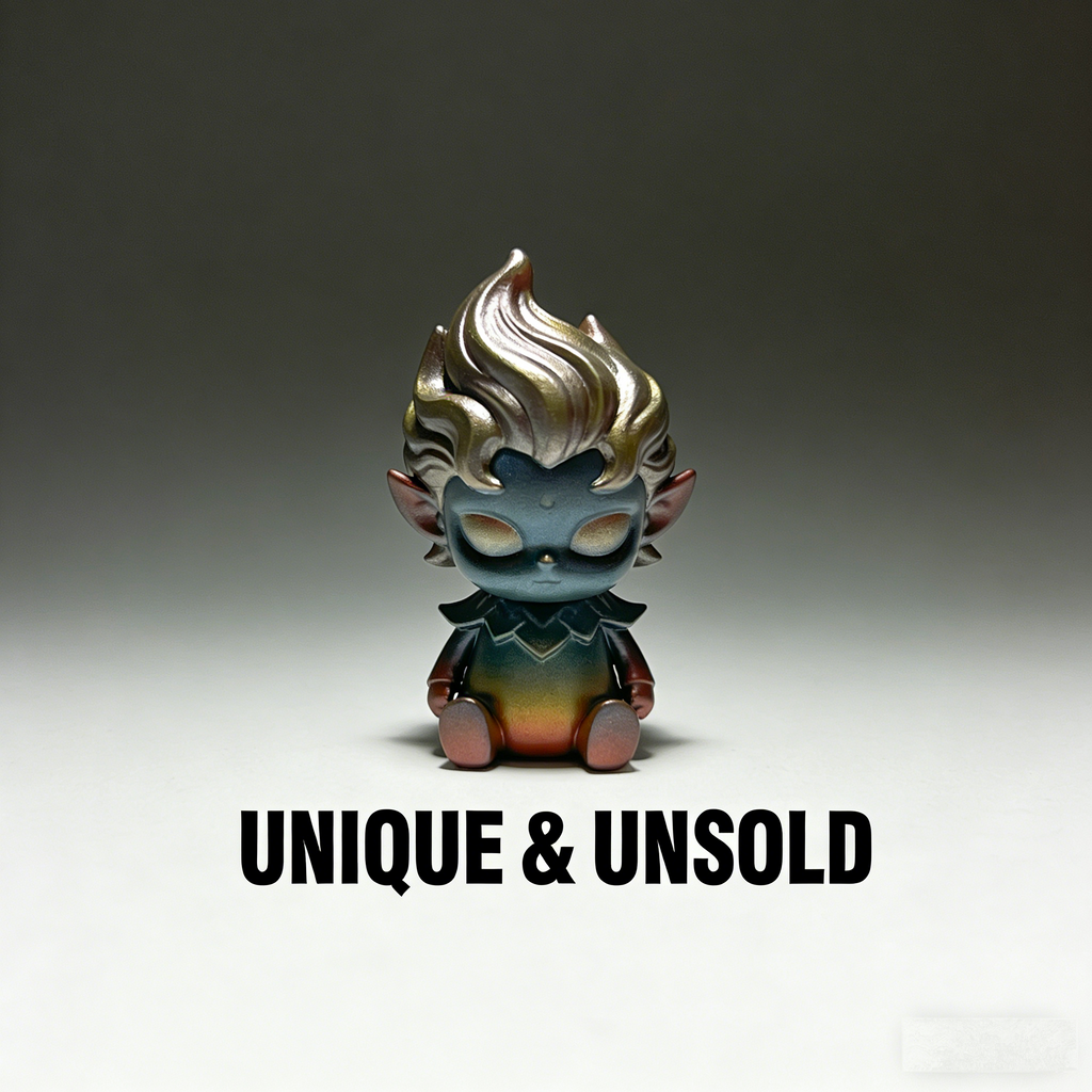 AuraFlame Sylvan Sprite Art Toy | Iridescent Chameleon Fae Figurine with Molten Mane Finish (Unique & Unsold Prototype Edition)
