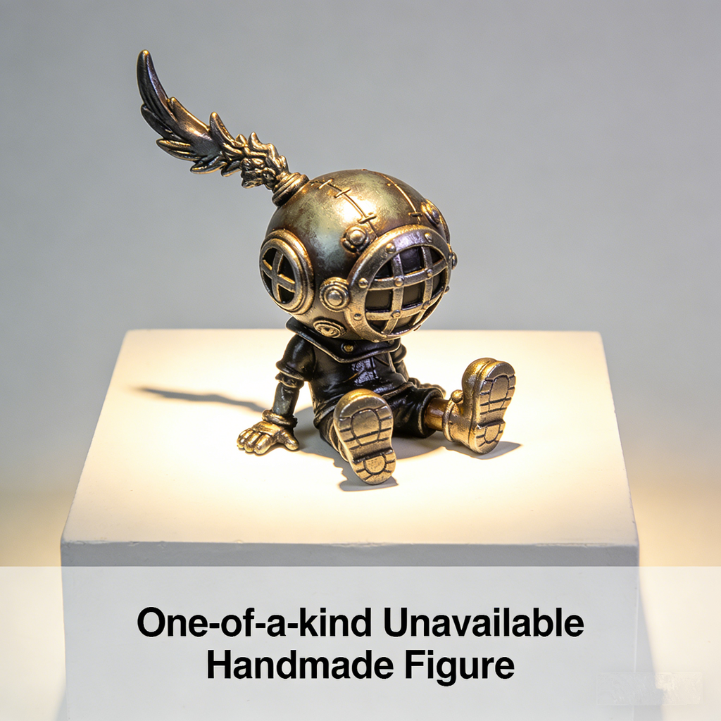 AetherDiver Steampunk Sprite Art Toy | Handmade Antique Brass Diving Helmet Figurine with Feathered Antenna Accent (One-of-a-Kind Unavailable Prototype Edition)