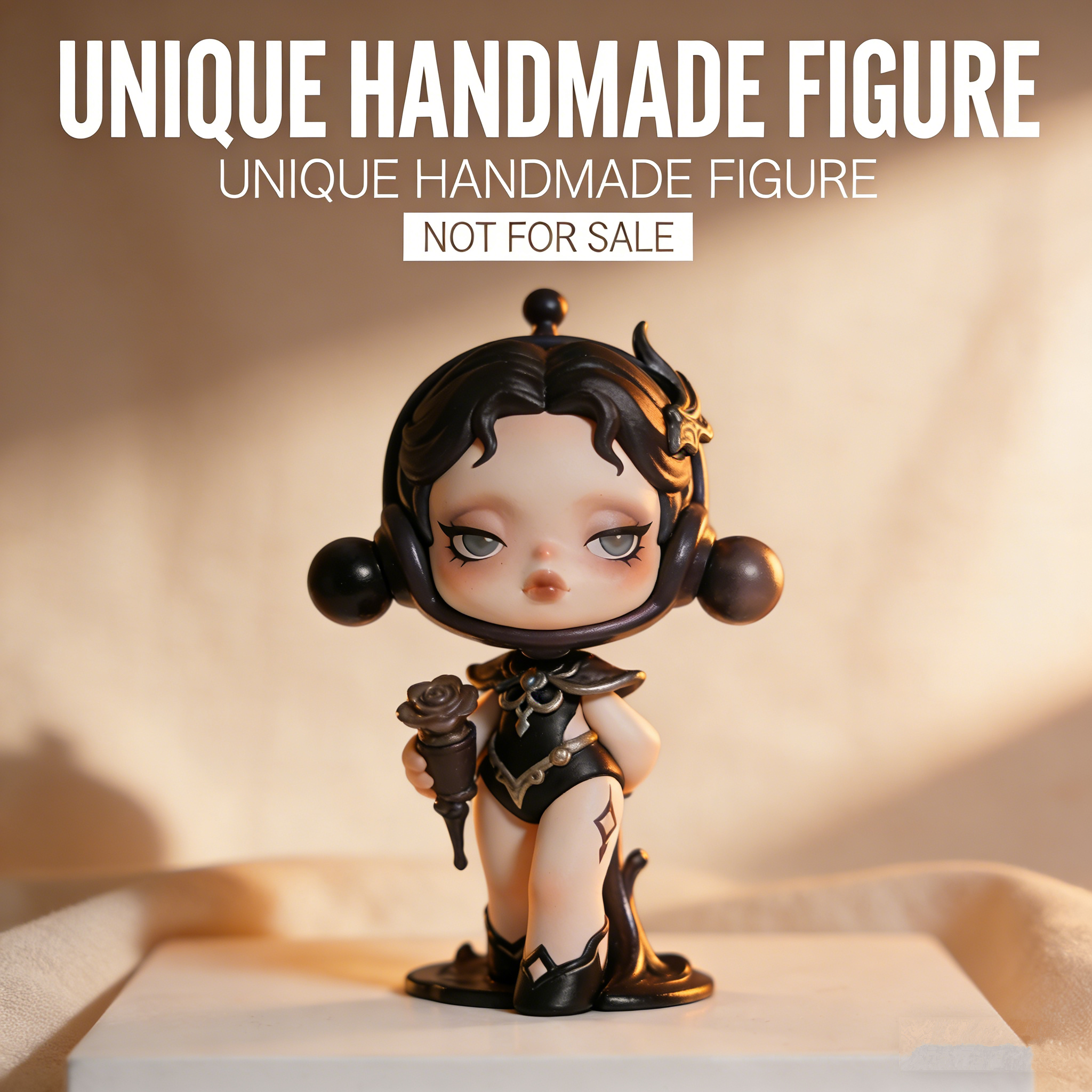 NoirRose Gothic Chibi Art Toy | Handmade Monochrome Gothic Figurine with Rose Scepter (Unique Non-Sale Prototype Edition)