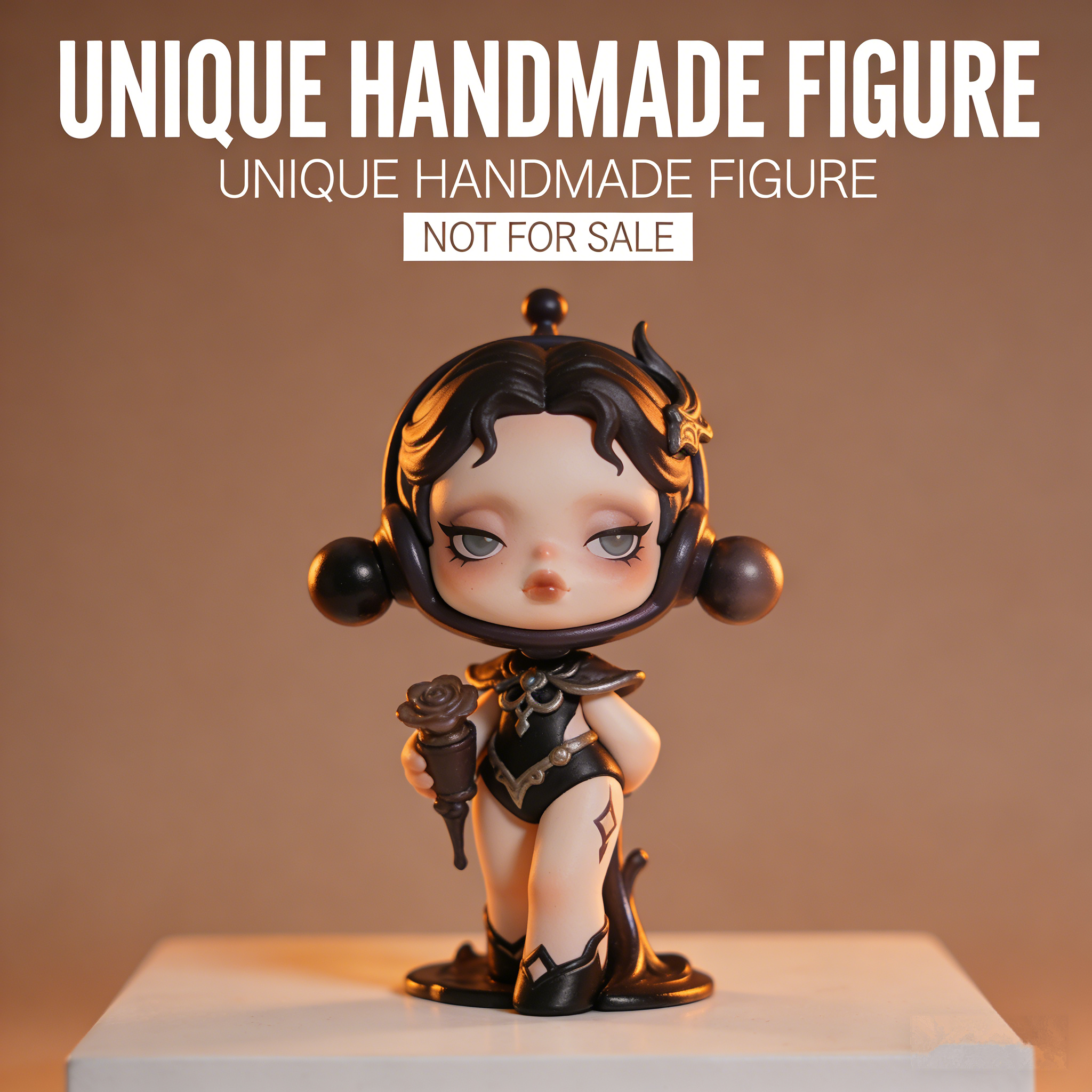 NoirRose Gothic Chibi Art Toy | Handmade Monochrome Gothic Figurine with Rose Scepter (Unique Non-Sale Prototype Edition)