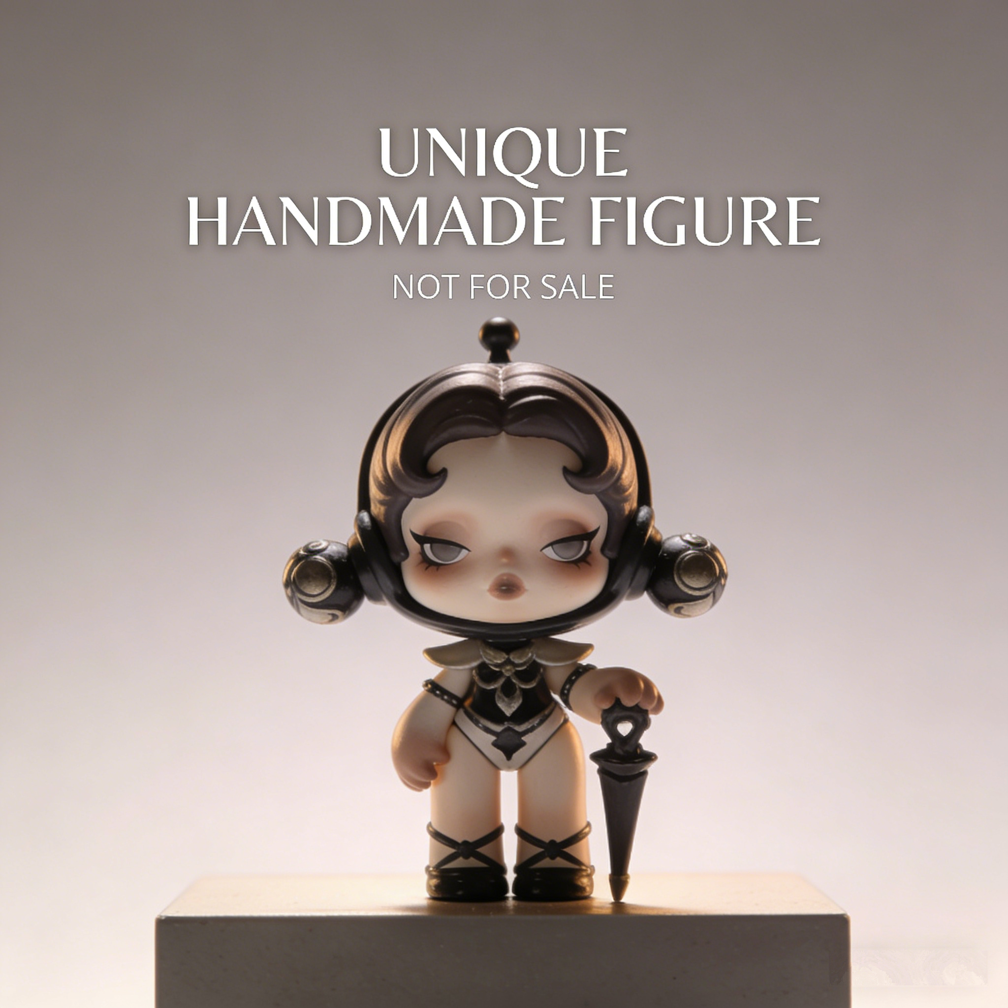 NoirUmbrella Celestial Doll Art Toy | Handmade Monochrome Retro-Futuristic Figurine with Mini Parasol Accessory (Non-Sale Prototype Edition)