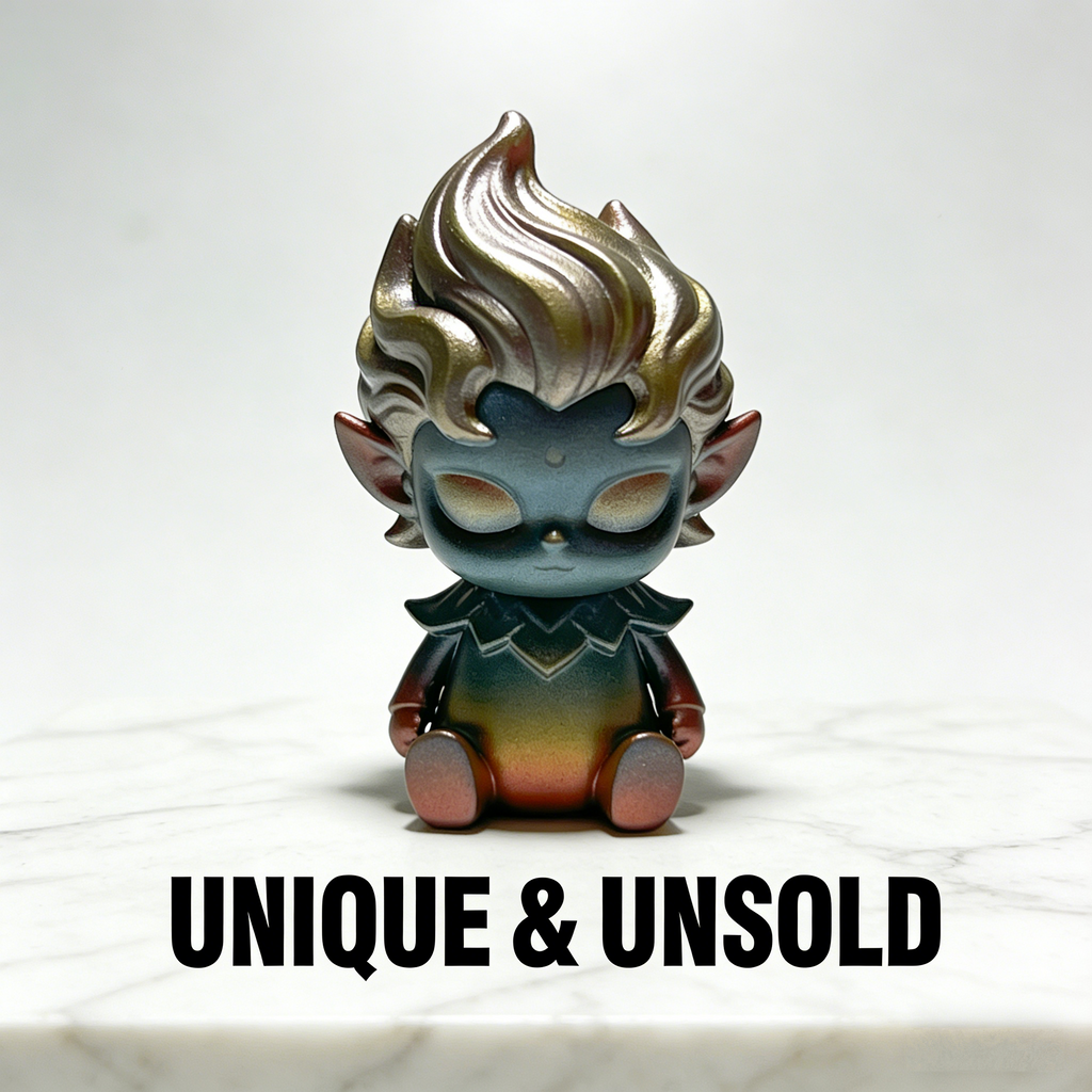 AuraFlame Sylvan Sprite Art Toy | Iridescent Chameleon Fae Figurine with Molten Mane Finish (Unique & Unsold Prototype Edition)