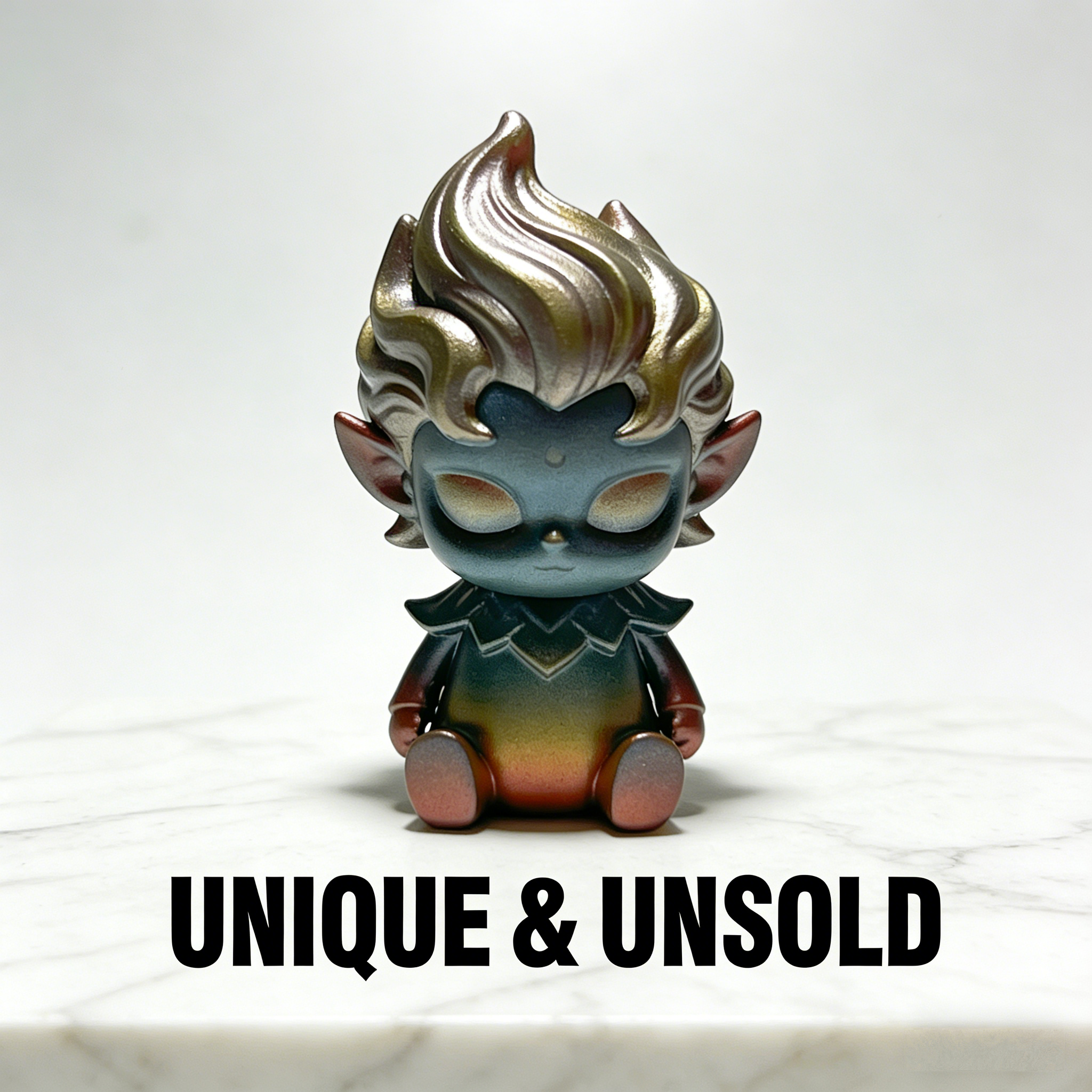 AuraFlame Sylvan Sprite Art Toy | Iridescent Chameleon Fae Figurine with Molten Mane Finish (Unique & Unsold Prototype Edition)