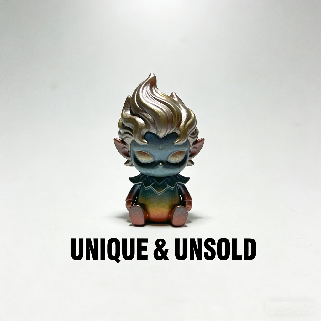 AuraFlame Sylvan Sprite Art Toy | Iridescent Chameleon Fae Figurine with Molten Mane Finish (Unique & Unsold Prototype Edition)