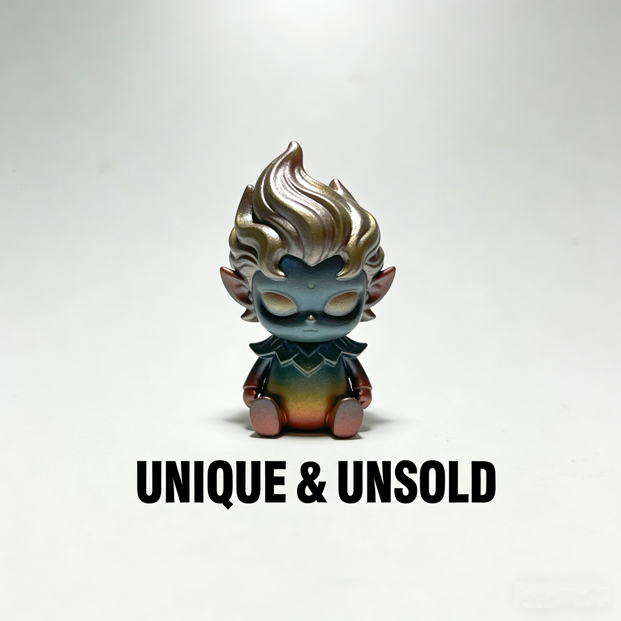 AuraFlame Sylvan Sprite Art Toy | Iridescent Chameleon Fae Figurine with Molten Mane Finish (Unique & Unsold Prototype Edition)